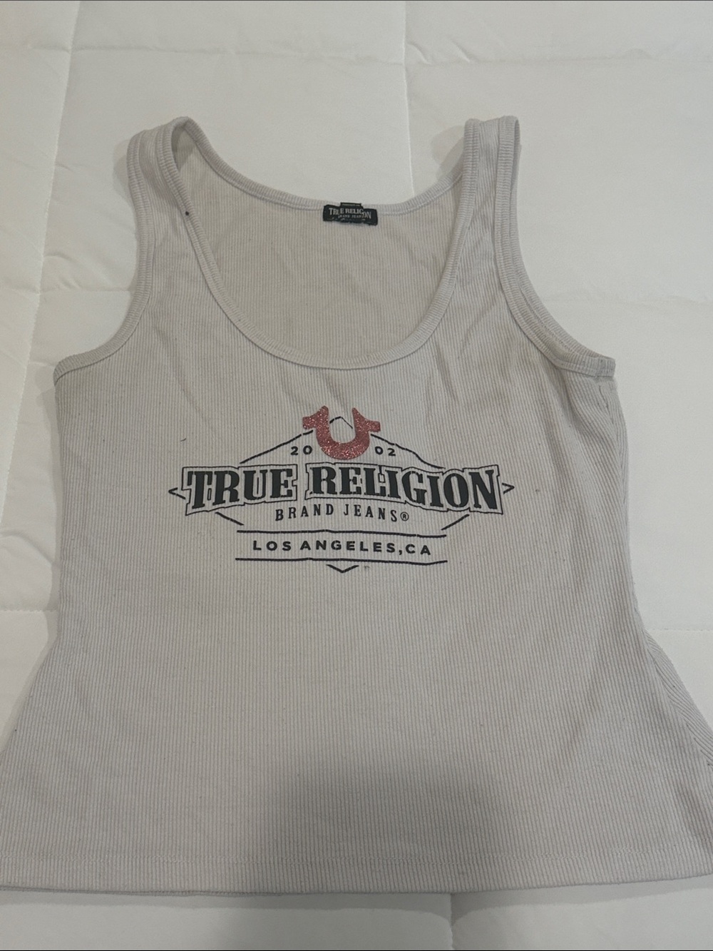 True Religion White Ribbed Logo Tank Top with pink logo